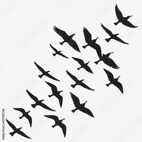 Diagonal Black Birds Flock Silhouette Vector Graphic