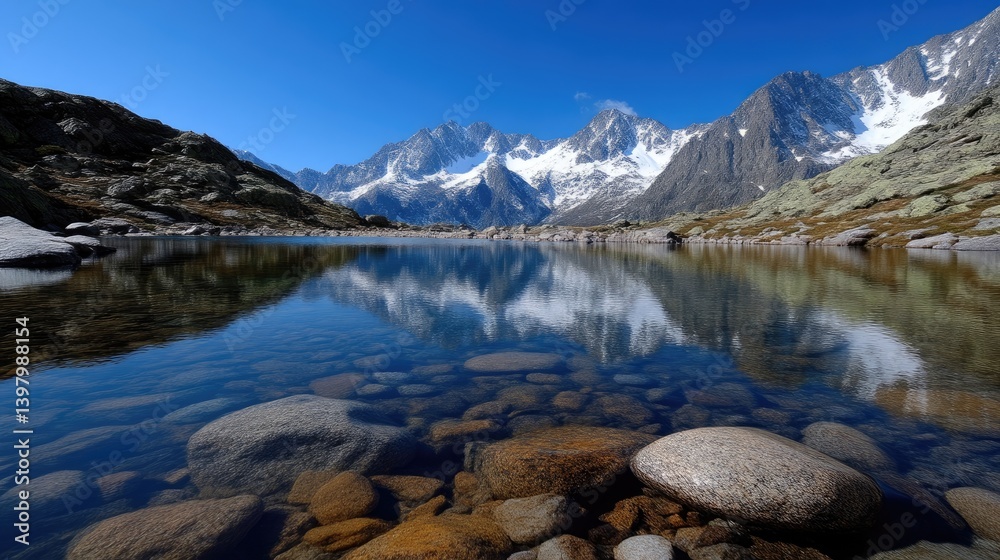Fototapeta premium Serene mountain lake reflecting peaks. Crystal-clear water, rocky shoreline, snow-capped Alps