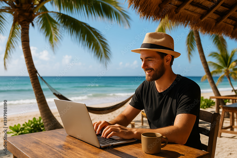 Fototapeta premium man on the beach with laptop