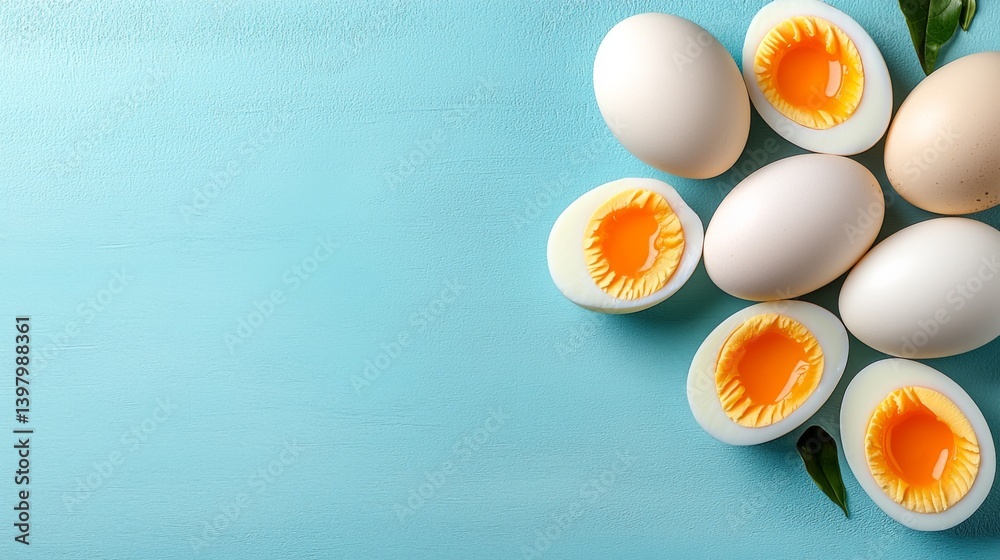 Fresh boiled eggs arranged on a blue background with copyspace
