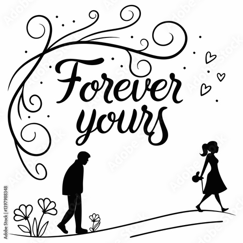 Forever Yours Romantic Couple Silhouette Black and White Illustration Hearts Flowers