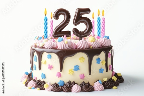 Delicious 25th birthday cake with candles, isolated on white
