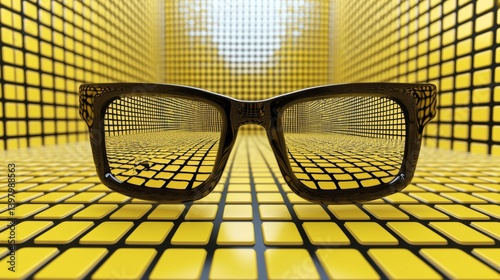 Obraz na płótnie Stylish glasses with a vibrant yellow geometric background w salonie