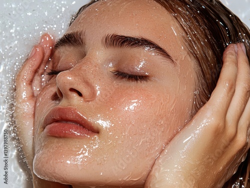 A serene portrait of a woman enjoying a refreshing water treatment for her skin.