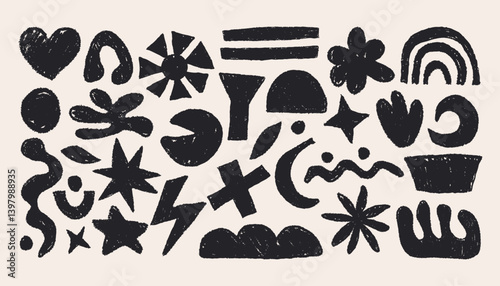 Crayon doodle shapes. Cute childish geometric figures with rough brush strokes, fun organic scribble elements. Vector hand drawn isolated set