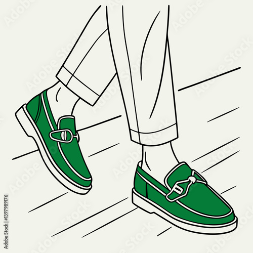 Green Buckle Loafers Mens Fashion Shoes Style Footwear Line Art Illustration