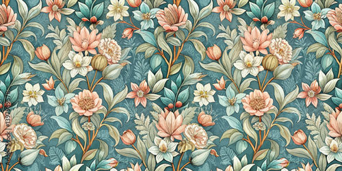Elegant floral pattern with soft pastel colors and intricate designs.