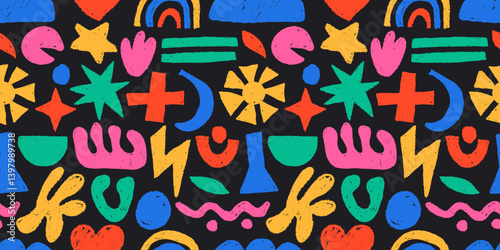 Doodle naive shapes pattern. Seamless print of abstract funny hand drawn scribble blobs, abstract crayon brush pencil elements for kids fabric design. Vector texture