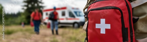 Red first aid kit in the foreground with emergency responders in action.