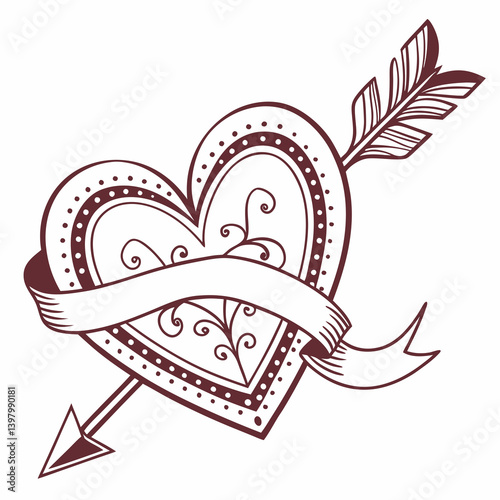 Vintage Hand-Drawn Heart with Arrow Banner Romantic Love Decorative Vector Illustration