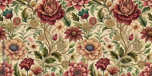 Beautiful floral pattern featuring vibrant reds and yellows on a soft beige background.