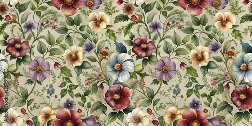 Colorful floral pattern featuring a variety of blooms on a soft background.