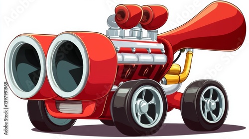 A vibrant red cartoon car with oversized exhaust pipes and sporty wheels