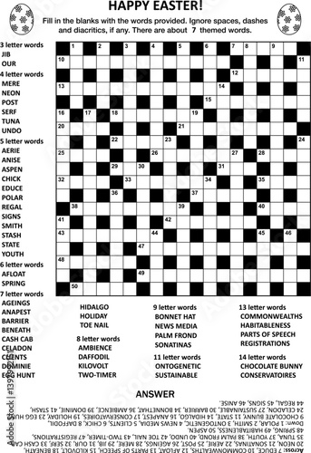 Easter holiday themed 19x19 criss-cross (kriss-kross, fill in the blanks) crossword puzzle or word game (English language) with about 7 theme words. Answer included.

