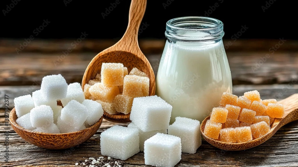 Sugar cubes and milk in wooden bowls on a rustic wooden table