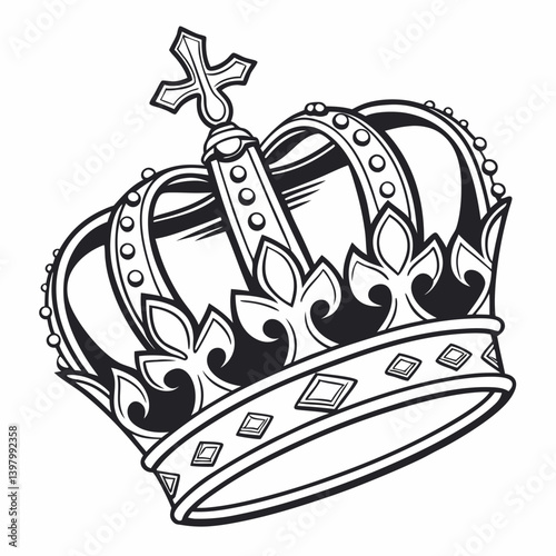 Royal Crown Vector Black and White Cartoon Cross Diamond Jewels Clip Art