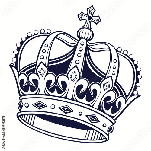Ornate Royal Crown Drawing Black and White - Detailed Line Art with Jewels and Cross