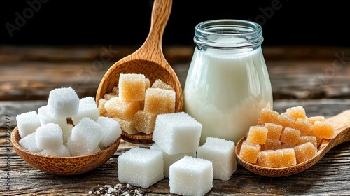 Obraz na płótnie Sugar cubes and milk in wooden bowls on a rustic wooden table w salonie