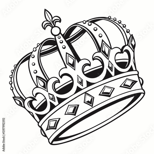 Regal Ornate Royal Crown Black and White Vector Line Art King Crown Jewels Fleur-de-Lys