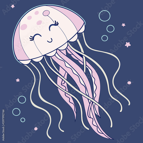 Adorable Cartoon Jellyfish Pink Purple Tentacles Bubbles Stars Vector Art