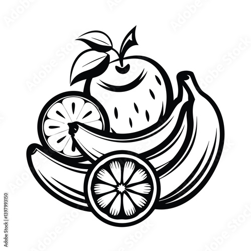 Black and White Line Art Still Life Apple, Bananas, and Sliced Oranges Design