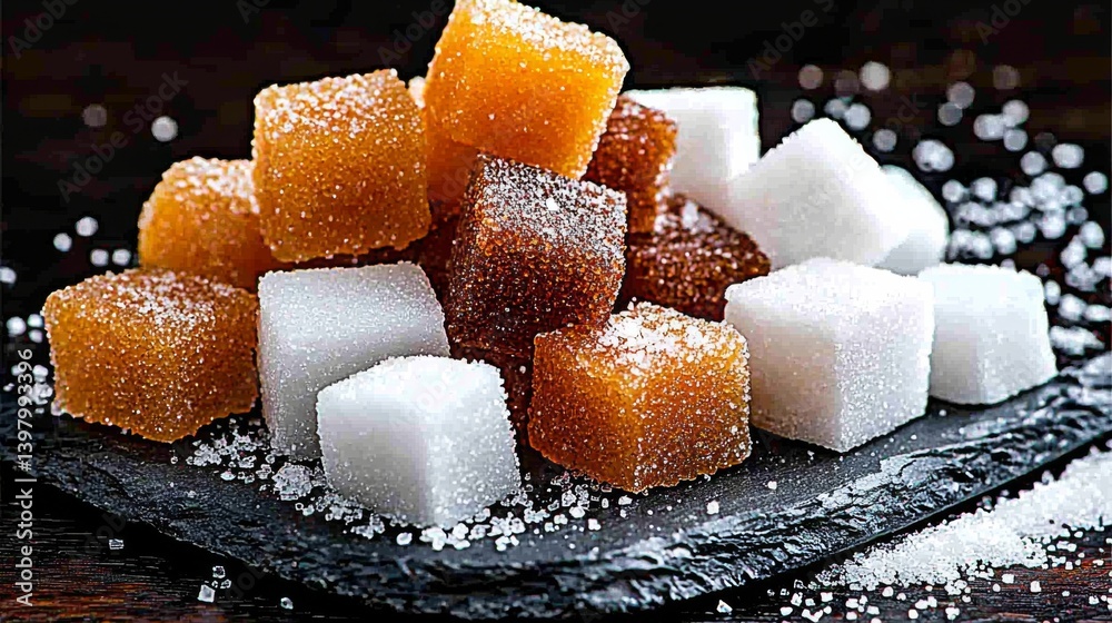 Assorted sugar cubes on a slate plate, showcasing different colors and textures