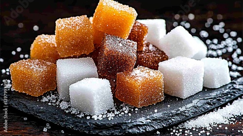 Obraz na płótnie Assorted sugar cubes on a slate plate, showcasing different colors and textures w salonie