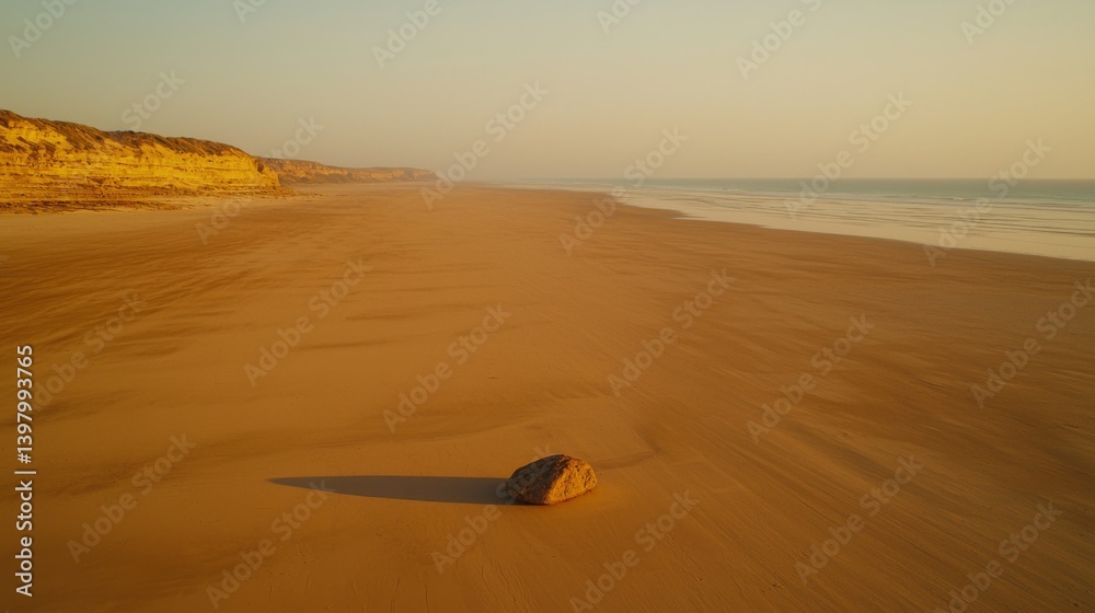 Serene beach landscape with a single rock on the golden sand
