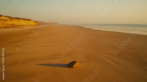Obraz na płótnie Serene beach landscape with a single rock on the golden sand w salonie