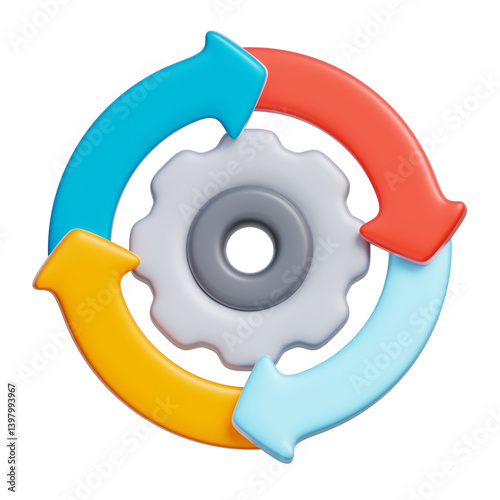 3D icon of rotating arrows with a gear, representing workflow, continuous improvement, and system operations.