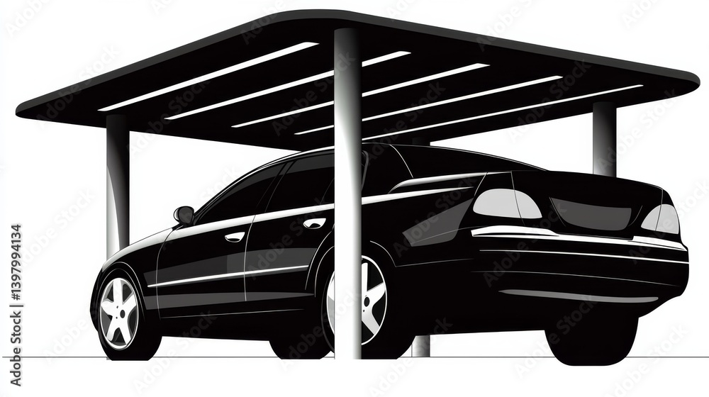 Black car parked under a modern carport with sleek design elements