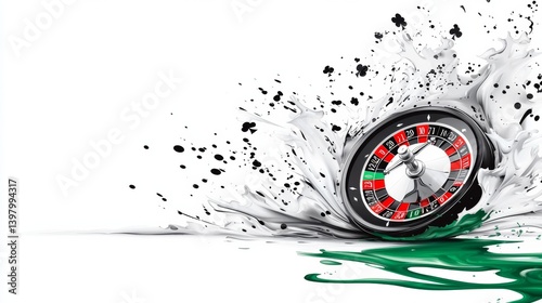 A vibrant roulette wheel splashes through a burst of green and black paint
