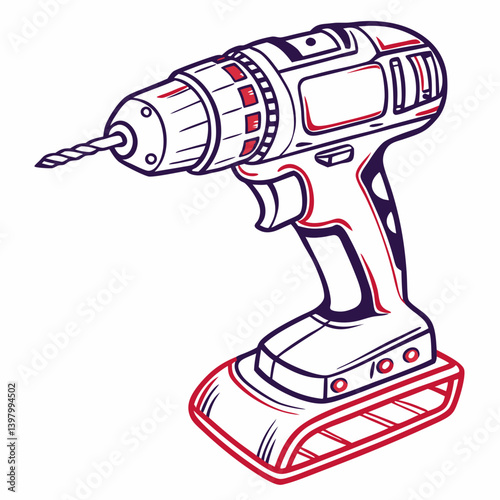 Red and Blue Line Art Cordless Drill Vector Illustration Tool for DIY Home Repair Projects