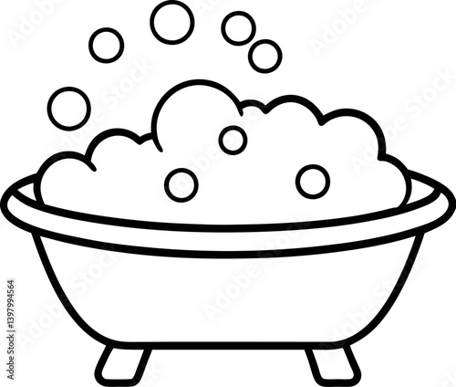 Black Outline Drawing Bathtub Filled with Bubbles and Floating Circles Isolated