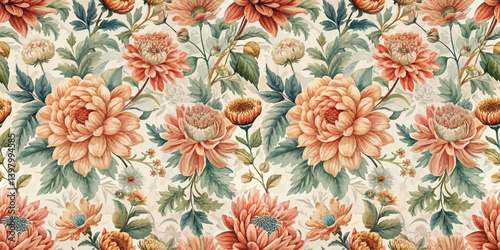 Vibrant floral pattern featuring blooming flowers in soft coral and green hues.