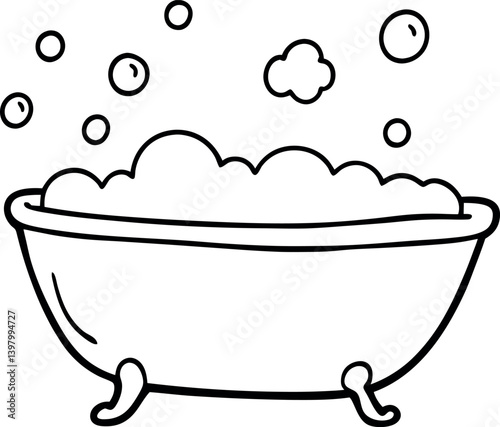 Cartoon Outline Bathtub Filled with Foamy Bubbles and Floating Soapy Circles
