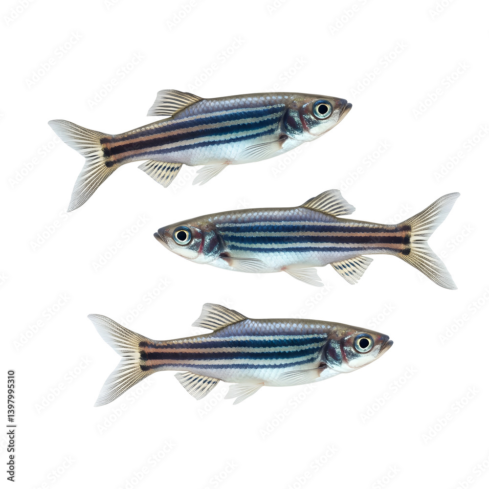 Fototapeta premium Three zebra danio fish swim on a transparent background.