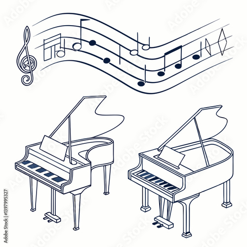 Line Art Illustration of Grand Pianos with Flowing Musical Notes and Treble Clef - Classical Music Instruments for Music Education, Performance, Practice, Composition, and Study