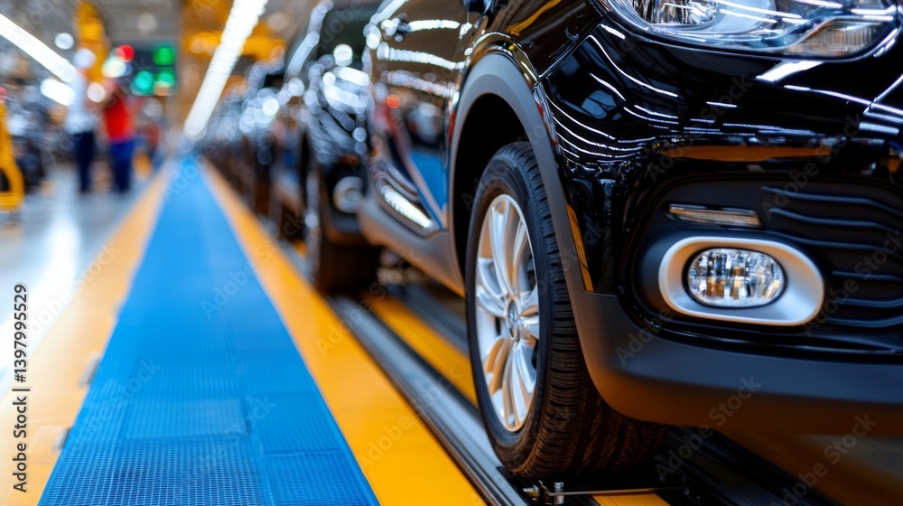 Black car on an assembly line in a modern automotive factory