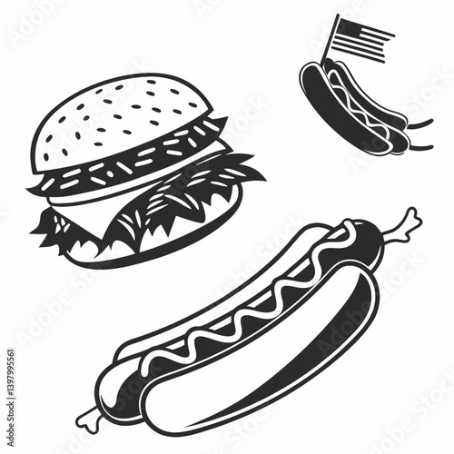 Classic Black and White Burger and Hot Dogs Vector - American Food Graphic Clipart
