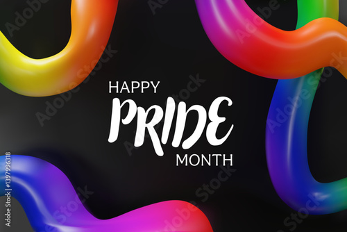 3d rainbow four lines black background for Pride month. Three-dimensional vector illustration. Sexual diversity freedom for gay, transgender, LGBTQIA people. Love promotion scene. Showroom template.