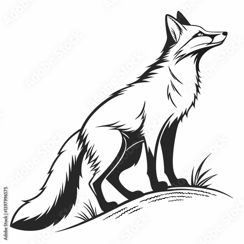 Black and White Stylized Fox Line Art - Sitting Fox Wildlife Vector Graphic
