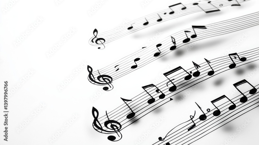 Musical notes flowing elegantly across a clean white background Musical notes flowing elegantly across a clean white background