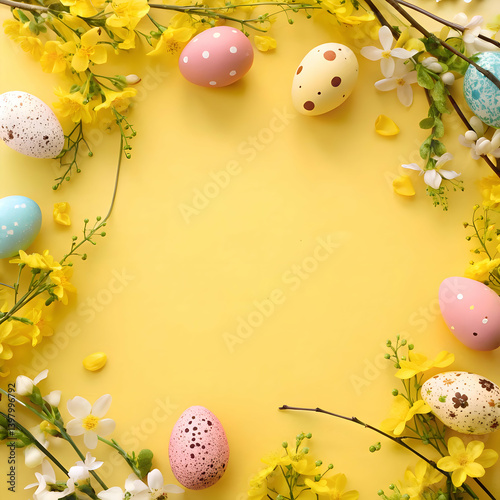 Wallpaper Mural Pastel Easter Eggs and Yellow Mimosa Flowers on a  yellow Background
 Torontodigital.ca