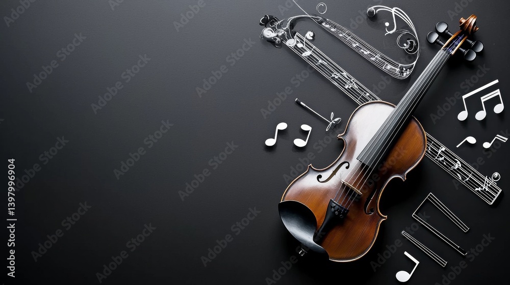 Naklejka premium Elegant violin surrounded by musical notes on a dark background