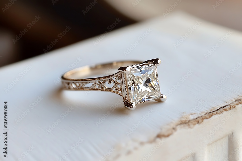 A filigree antique-style ring with a princess-cut diamond, resting on a white vintage book cover. A filigree antique-style ring with a princess-cut diamond, resting on a white vintage book cover.