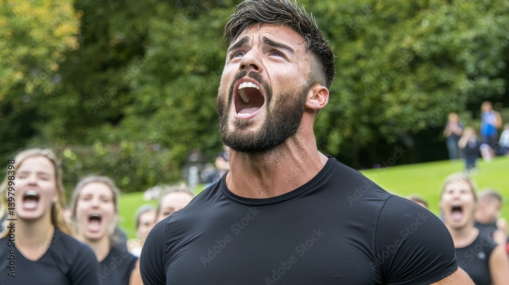 A man passionately shouting with a group of people in the background