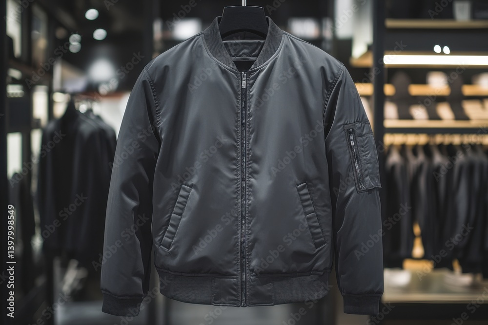 Charcoal gray bomber jacket with ribbed cuffs and zip pockets on retail display Charcoal gray bomber jacket with ribbed cuffs and zip pockets on retail display