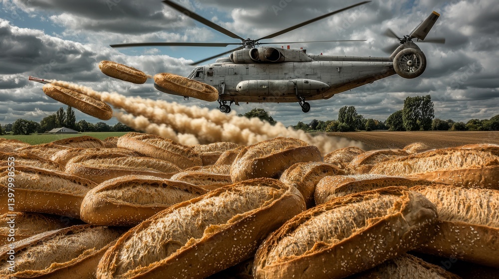 Helicopter dropping bread rolls over a field, creating a surreal scene