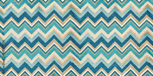 Abstract zigzag pattern in teal and beige tones.